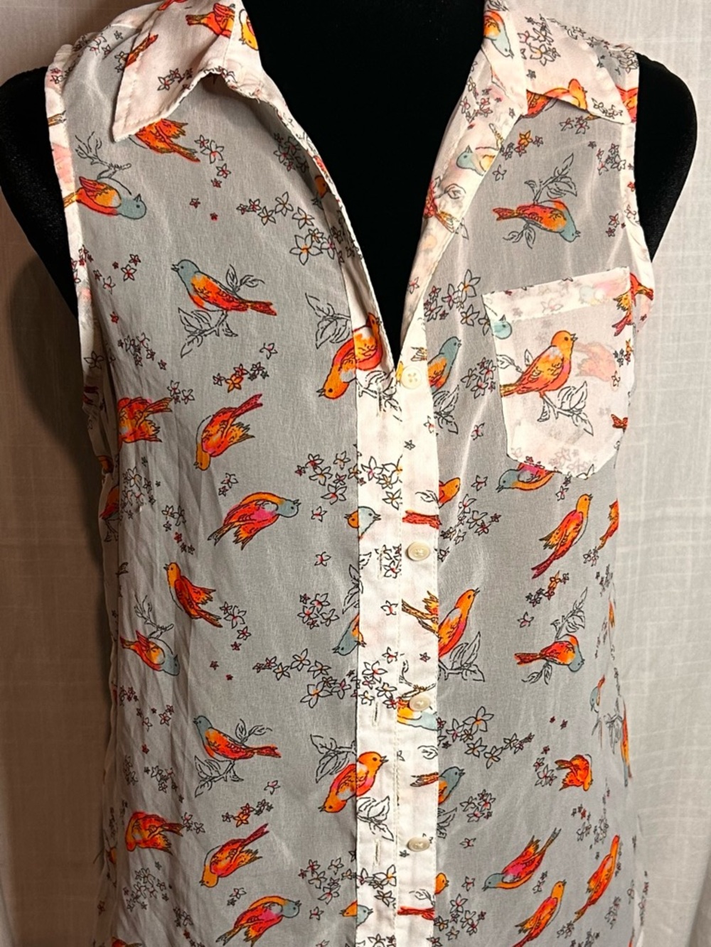 Kohl's White Bird Print Button-Up Top with Orange and Teal Accents